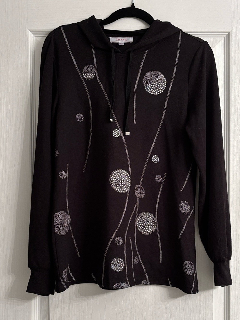 Black Knit Sweater with Hood and Silver & Rhinestone Motif